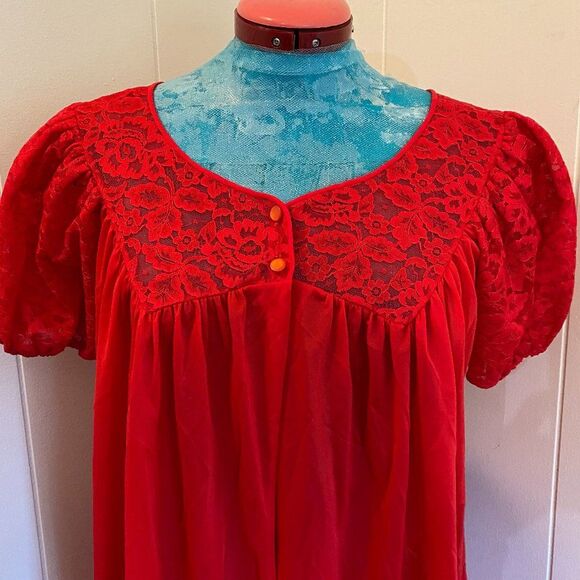 Sans Souci Vintage Red Boho Nylon Lace Womens Red House Coat Size Small - Picture 2 of 7